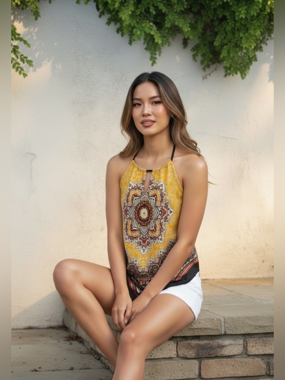 by & by Yellow Printed Halter-Style Scarf Hem Camisole - Picture 2 of 7